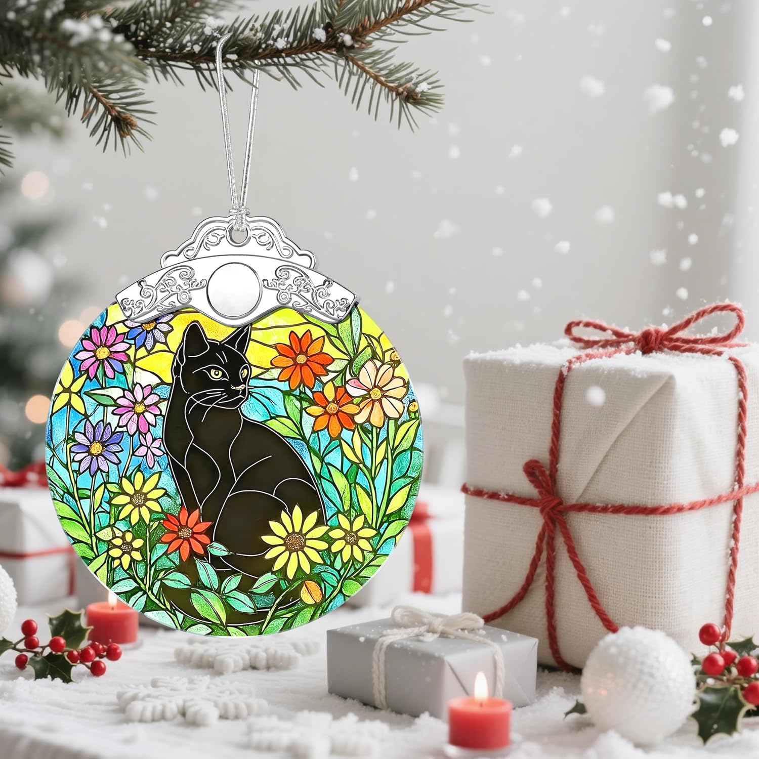 Christmas Ornament, Christmas Tree Ornaments, Keepsake Ornaments, Holiday Decor, Holiday & Xmas Gifts, Gifts for Cat Lovers & Flower Lovers - Black Cat-Theme