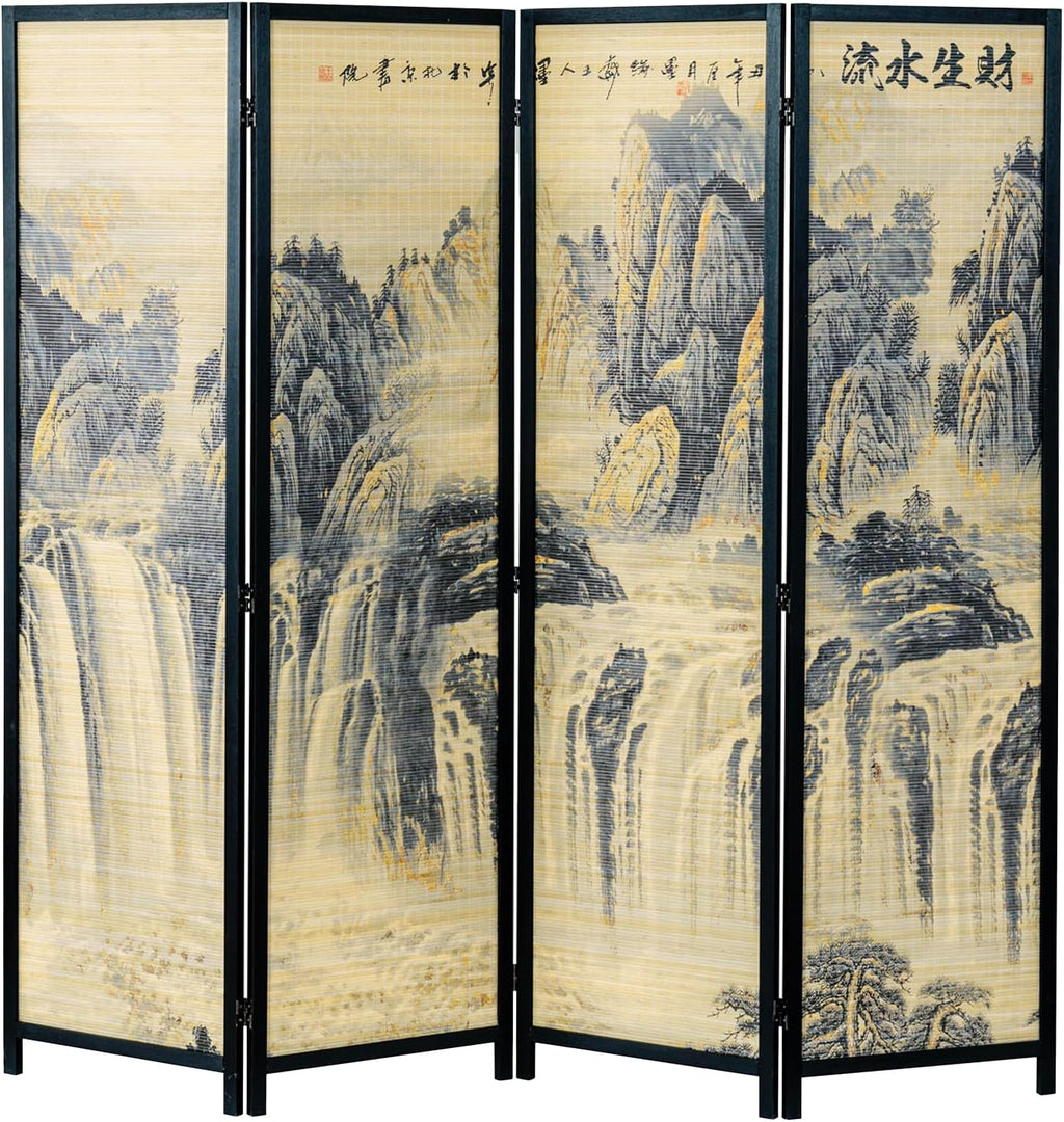 MyGift 4 Panel Folding Room Divider, 6FT Bamboo Privacy Screen with Black Wood Frame, Ancient Asian Mountain & Waterfall Landscape Print, and Brushed Prosperity Calligraphy Design 77''W x 70.9''H