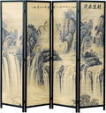 MyGift 4 Panel Folding Room Divider, 6FT Bamboo Privacy Screen with Black Wood Frame, Ancient Asian Mountain & Waterfall Landscape Print, and Brushed Prosperity Calligraphy Design 77''W x 70.9''H