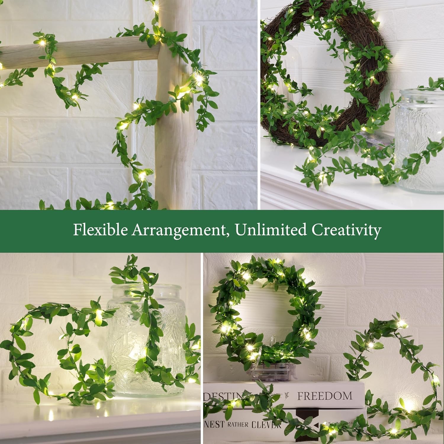 String Lights 2 Pack Artificial Ivy Vines with Lights 8 Light Modes Each 6.5Ft 20 LED Fake Vines with Fairy Lights Green Leaves Vines String Lights for Bedroom Room Garden Party Decor