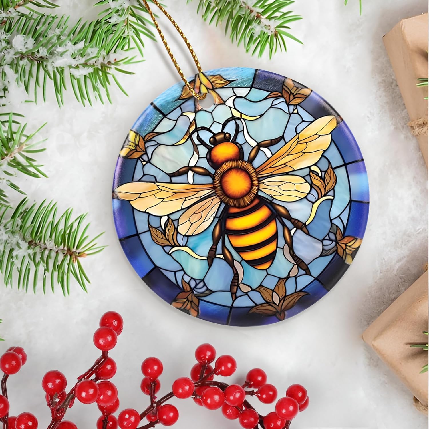 Touber Christmas Ornament, Christmas Decoration, Holiday Present Idea, Heirloom Keepsake, Round Ceramic, Gift Exchange, Gift Idea, Bee