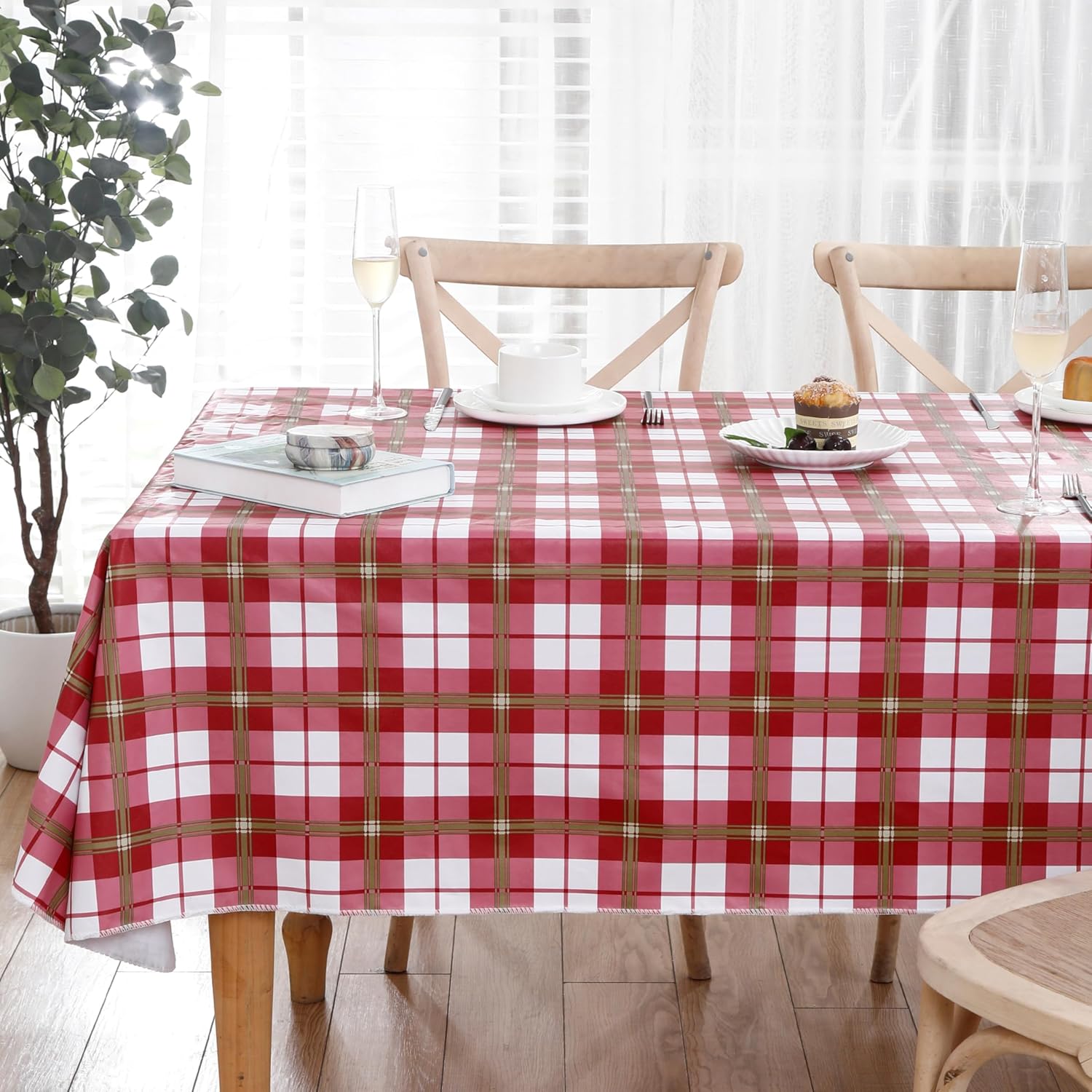Walrus Heavy Duty Vinyl Tablecloth with Flannel Backing Waterproof Oil-Proof Plastic Table Cloth Stain-Resistant Wipeable Rectangle or Square Table Cover for Indoor and Outdoor (Lattice，60x102 Inch)