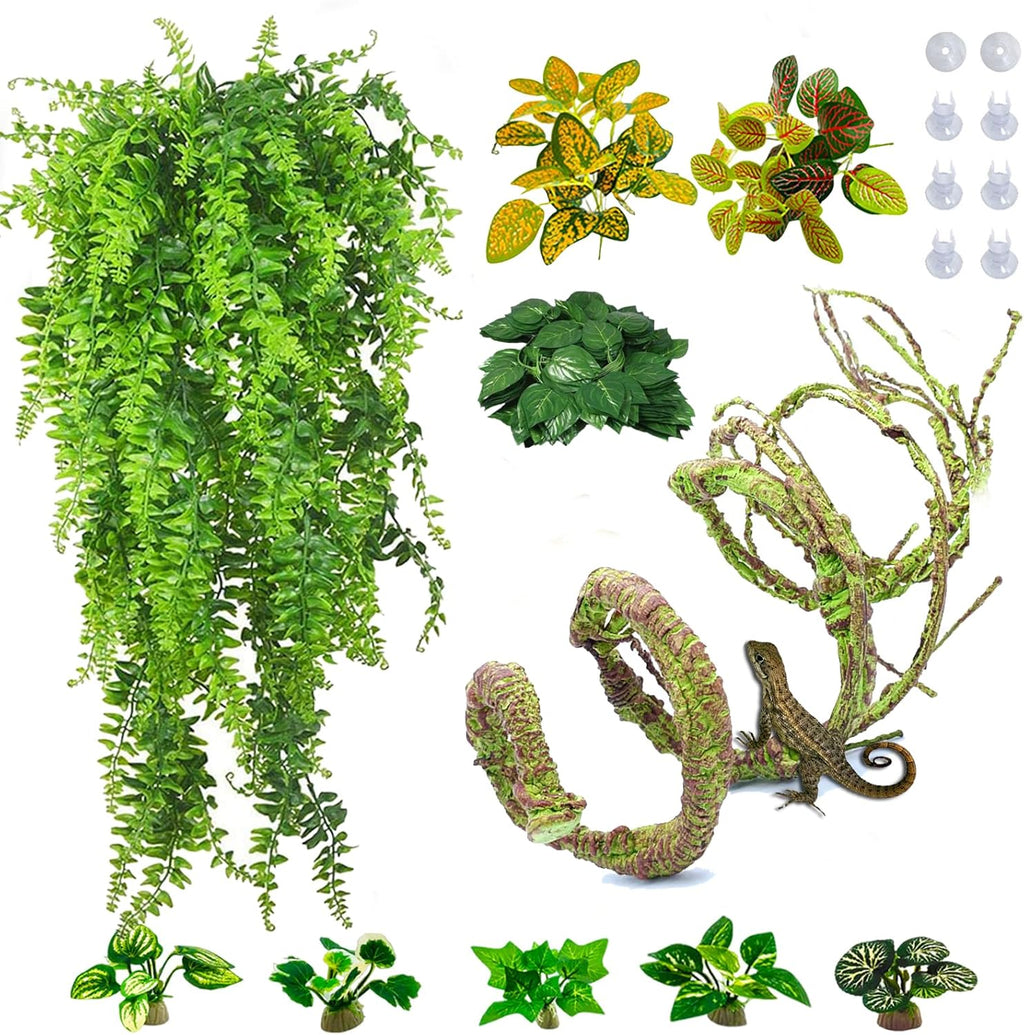 PINVNBY 10 PCS Reptile Plants Vine, Terrarium Hanging Flexible Climbing Artificial Leaves Reptile Hide, Bearded Dragon Tank Accessories, Terrarium Decor for Leopard Gecko Lizard Snake Geckos
