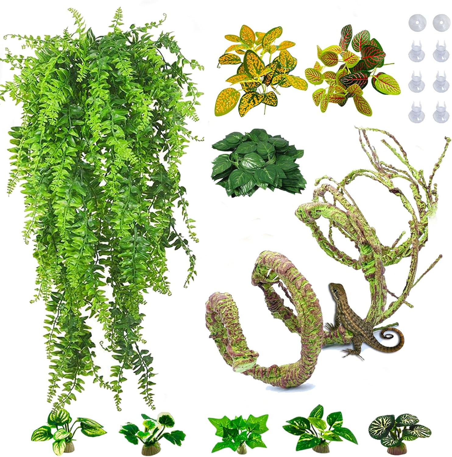 PINVNBY 10 PCS Reptile Plants Vine, Terrarium Hanging Flexible Climbing Artificial Leaves Reptile Hide, Bearded Dragon Tank Accessories, Terrarium Decor for Leopard Gecko Lizard Snake Geckos