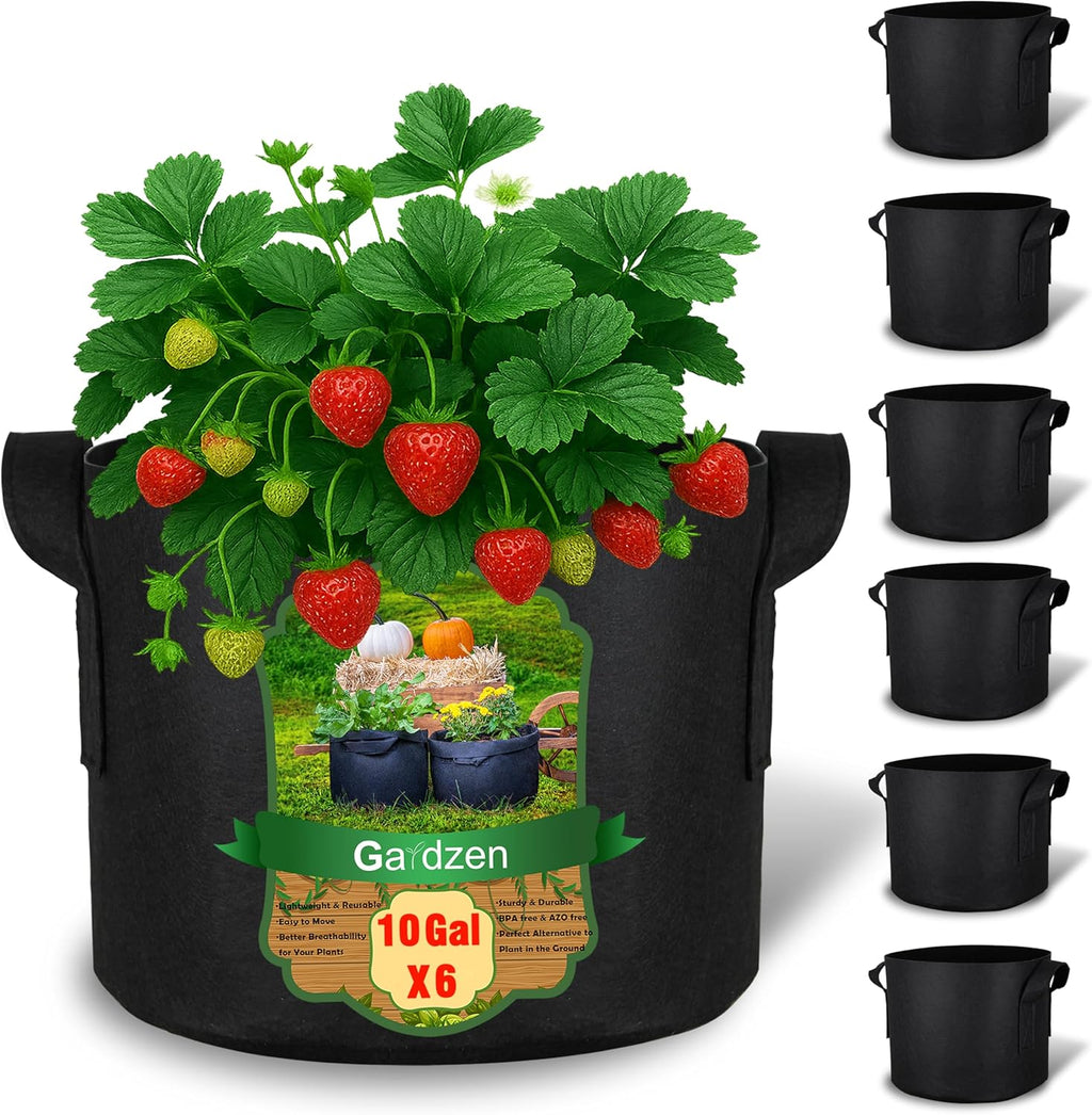 Gardzen 10 Gallon Grow Bags with Waterproof Liner, 500G Thick Nonwoven Fabric Pots, Cuts Watering by 50% in Hot Dry Climates, for Patio Balcony Use (6-Pack)