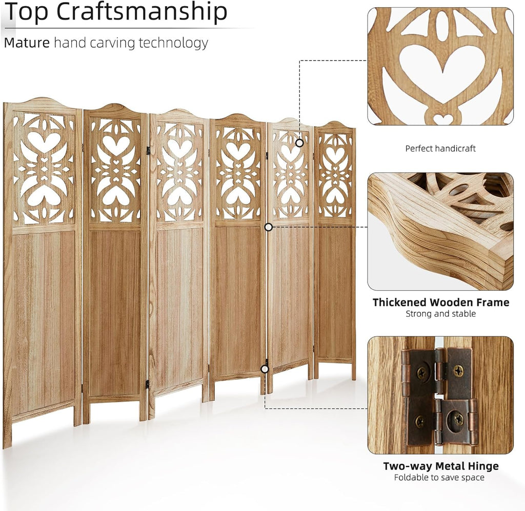 6 Panel Room Divider, 5.6Ft Carved Room Divider Wall and Folding Partition Divider Wal, Folding Privacy Screen, Portable Partition Screen for Bedroom Home Office - Natural
