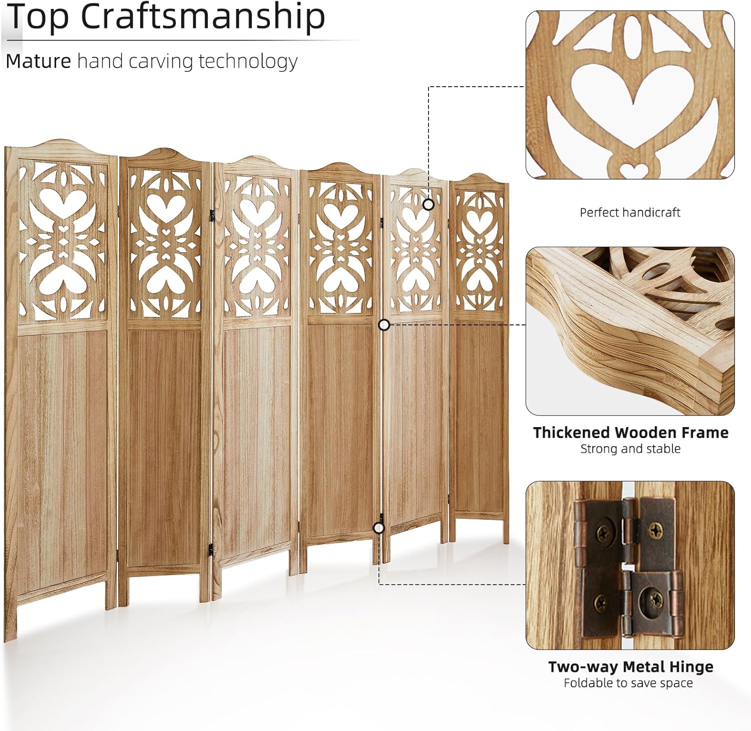 6 Panel Room Divider, 5.6Ft Carved Room Divider Wall and Folding Partition Divider Wal, Folding Privacy Screen, Portable Partition Screen for Bedroom Home Office - Natural