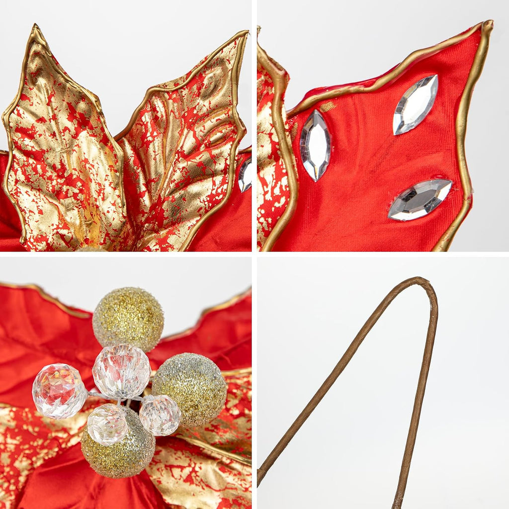 Hollyone 3PCS Poinsettia Christmas Flowers Artificial 11" Large Red and Gold Glitter Poinsettia Flowers Christmas Tree Ornaments Floral Picks for Tree Wreath Garland Vase Table Centerpiece Home Decor