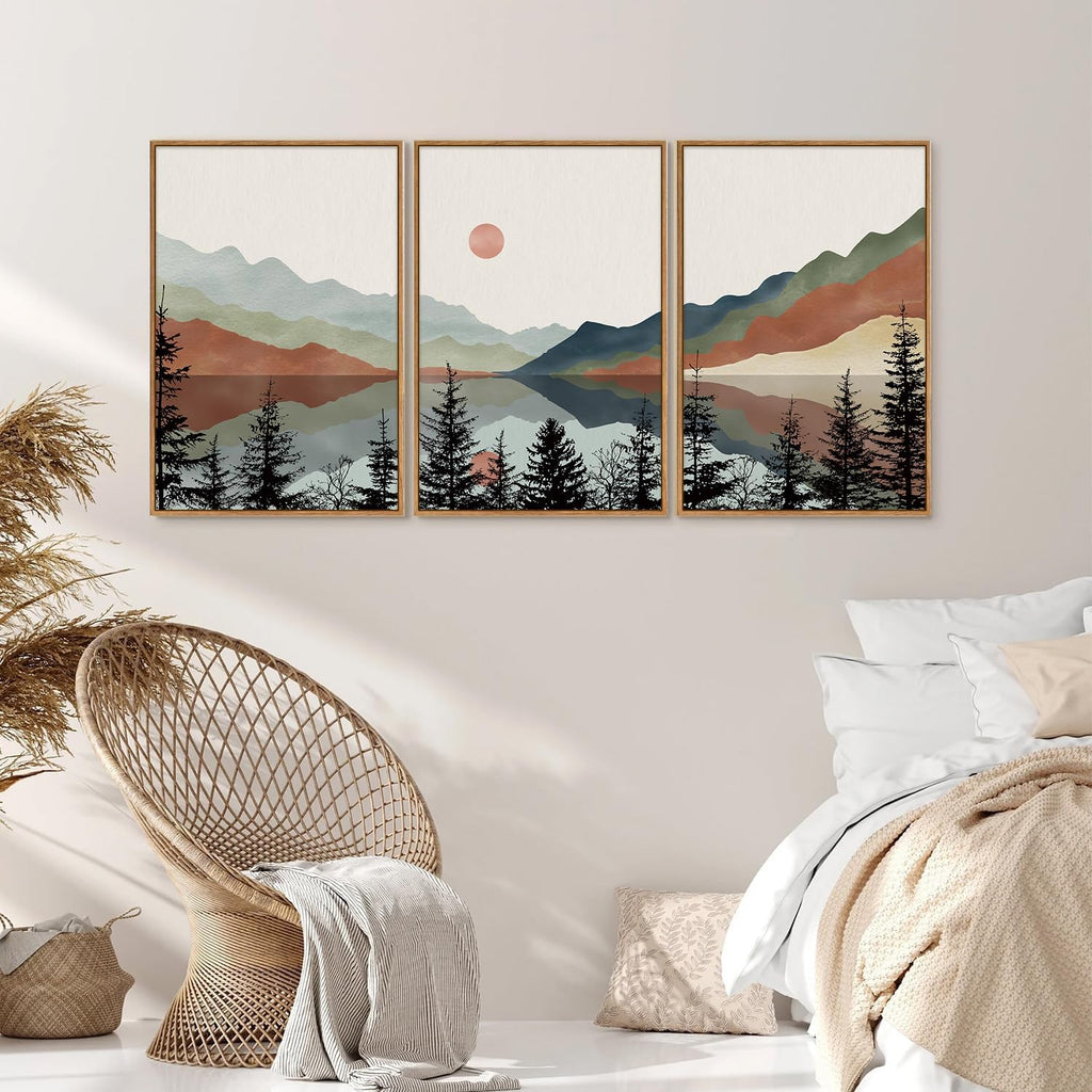 Tinonedraw Boho Mountain Framed Canvas Wall Art Set, Watercolor Nature Landscape Wall Decor, Black Pine Trees Forest Artwork, Neutral Modern Sunrise Art Prints for Living Room Bedroom Office 24"x36"x3