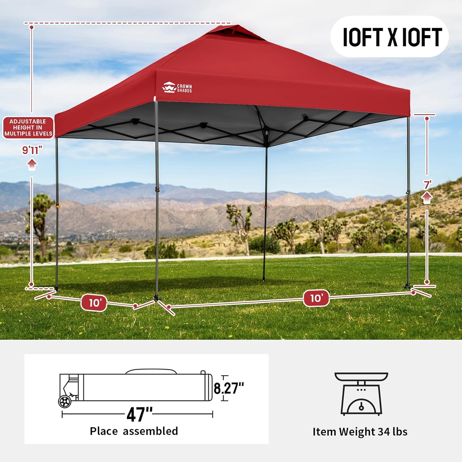 CROWN SHADES Adjustable Height on The Fly, 10x10 Pop Up Canopy - Beach Tent with One Push Setup - Easy Outdoor Sun Shade for Events, Parties, Camping - Outside Shade with STO-N-Go Bag, Red