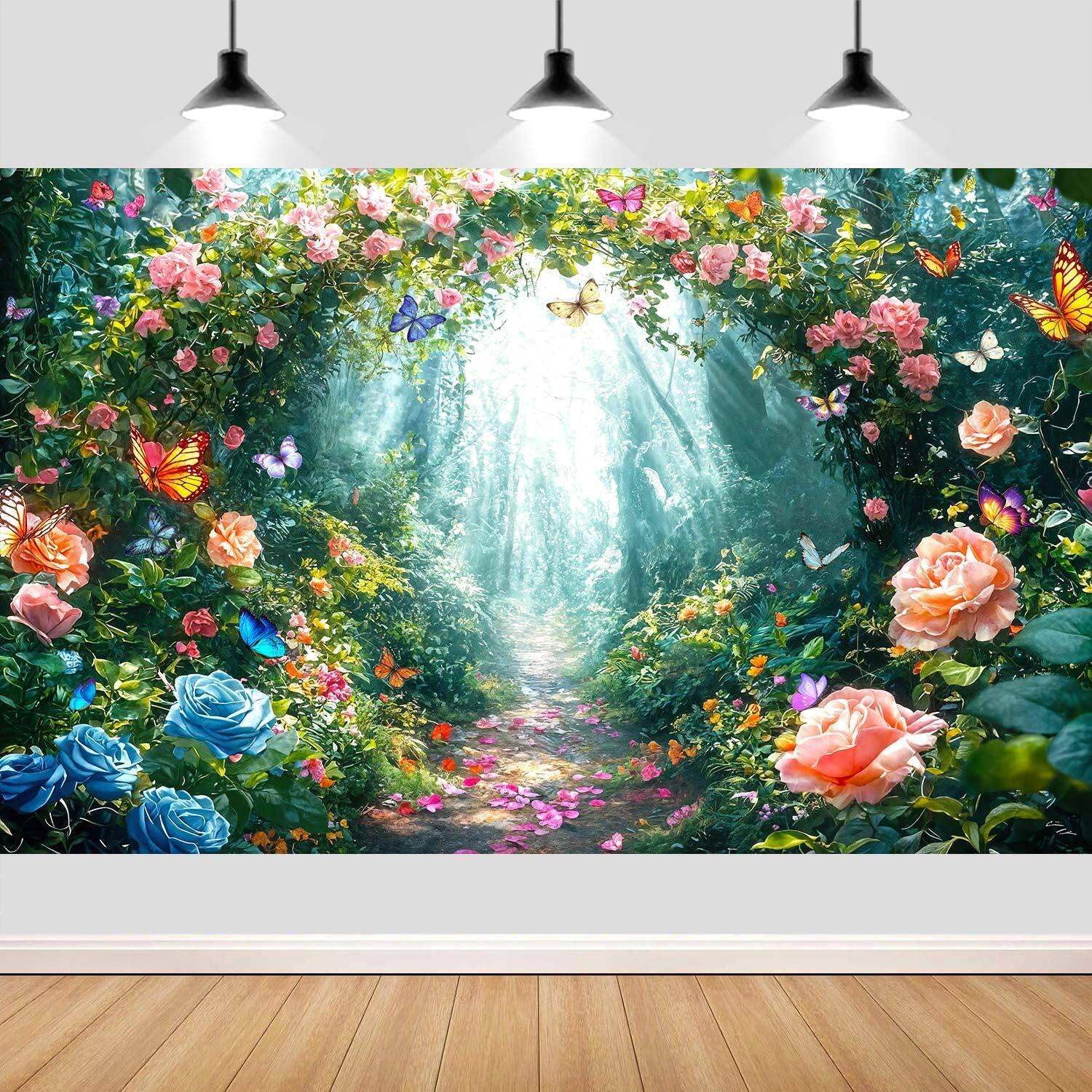 Enchanted Forest Backdrop Fairy Tale Wonderland Garden Woodland Butterfly Photography Background Girl Kids Birthday Decor Party Decorations Photo Booth Studio Props 8X6