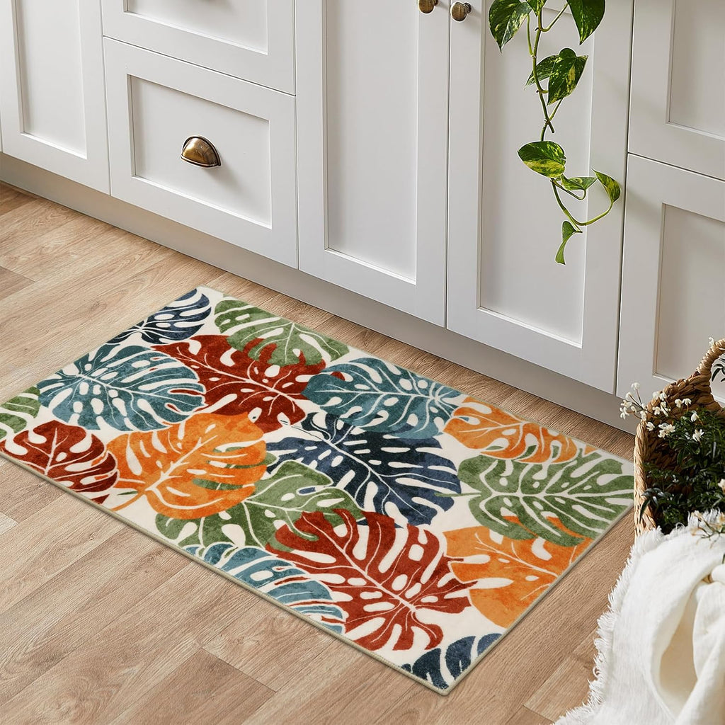 Wonnitar Colorful Washable Rugs 2x3, Tropical Leaves Front Door Entryway Rug, Non-Slip Monstera Bathroom Accent Mat Plant Soft Small Floor Carpet for Indoor Entrance Kitchen Sink Decor