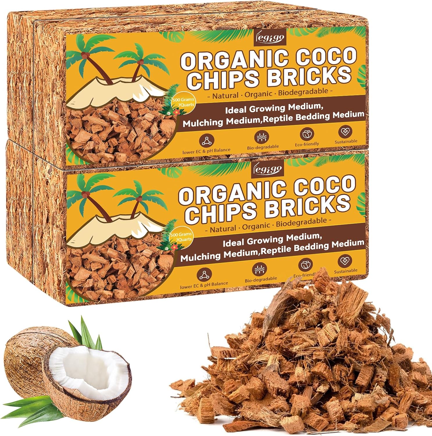 Legigo 4 Pack Coco Coir Chips for Plants- 4.4 LB 100% Organic Coconut Chips Brick Potting Mix with Low EC & PH Balance, Coconut Husk Substrate Coco Husk Mulch for Garden, Planting, Orchid and Soil Mix