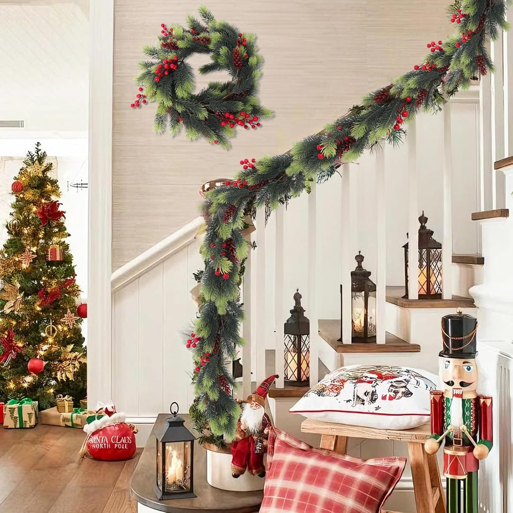 SJL Pine Garland Realistic Christmas Garland with Red Berries Holly Berry Garlands Faux Pine Branches Artificial Cedar Cypress Garlands for Mantle Stairs Table Fireplace Xmas Decorations(Light Green)