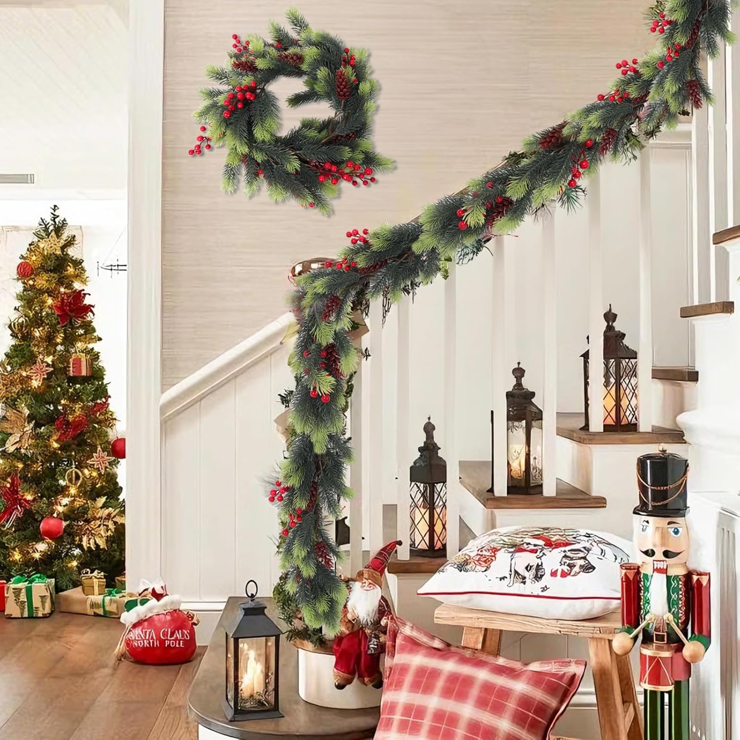 SJL Pine Garland Realistic Christmas Garland with Red Berries Holly Berry Garlands Faux Pine Branches Artificial Cedar Cypress Garlands for Mantle Stairs Table Fireplace Xmas Decorations(Light Green)