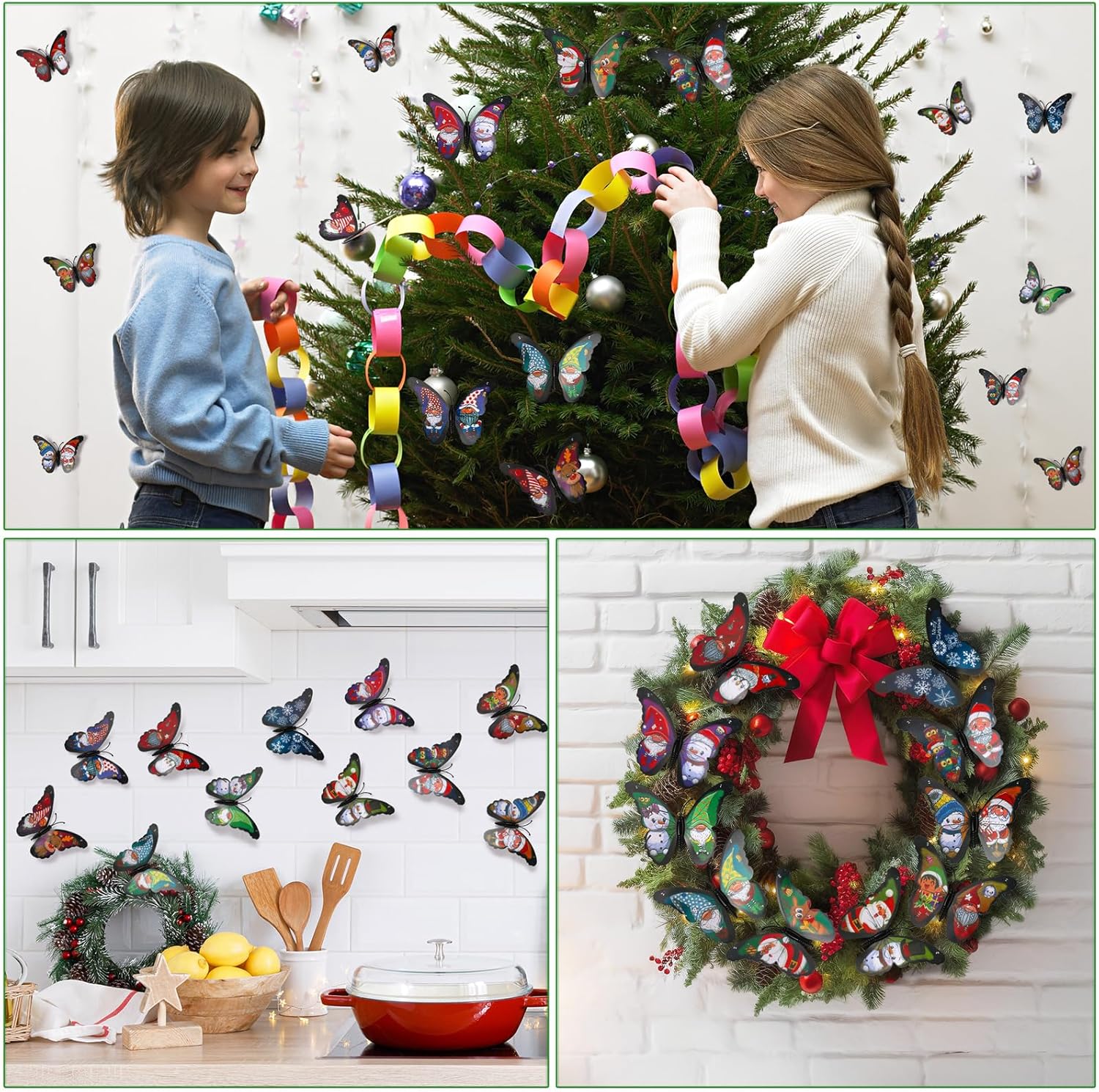 LiveGallery 72 PCS 6 Colors Removable 3D Merry Christmas DIY Beautiful Butterfly Wall Decals Colorful Santa Claus, snowmen, snowflakes, elk Butterflies Art Decor Wall Stickers Murals for Kids Baby Boy
