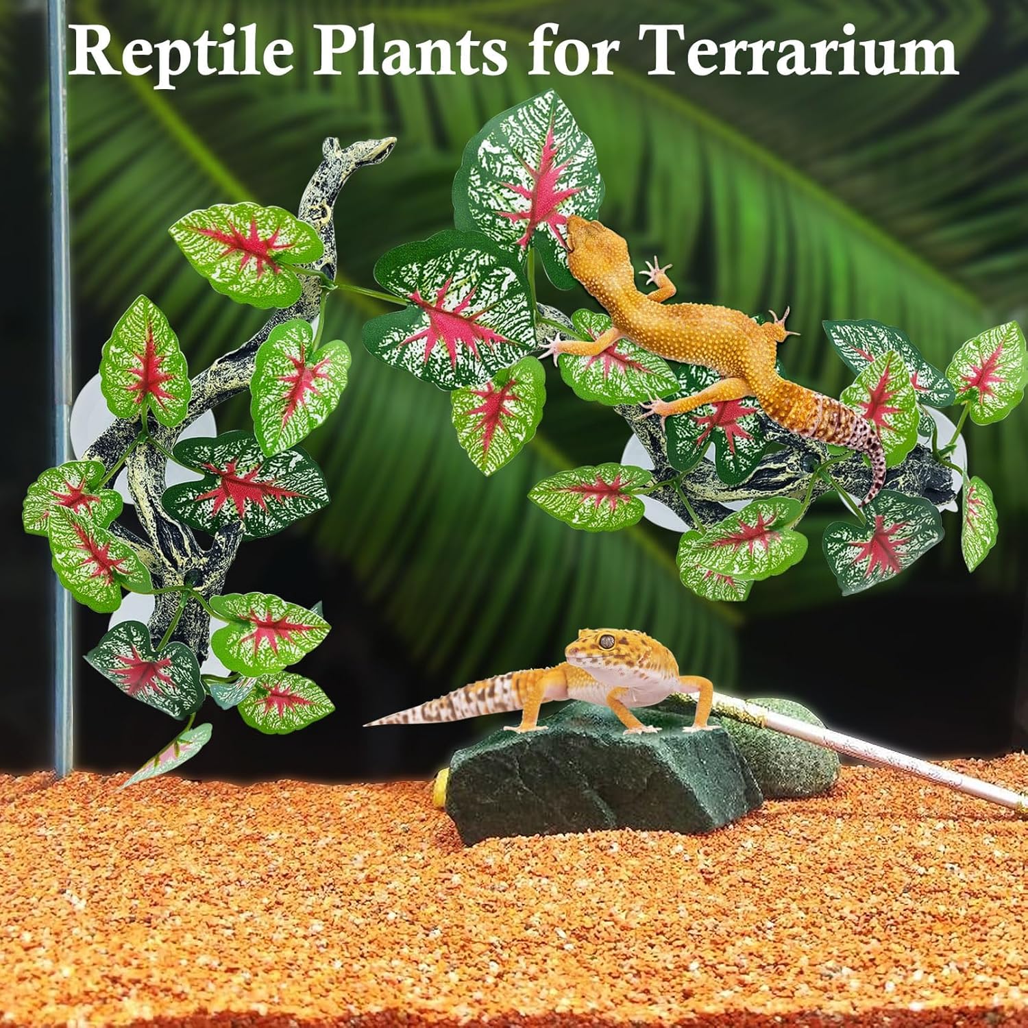 kathson 2 PCS Reptile Corner Branch Resin Snake Climbing Accessories with Leaves Terrarium Plant Decoration with Suction Cup Lizard Plant Ornament for Frog Bearded Dragon Gecko Spider Climbing