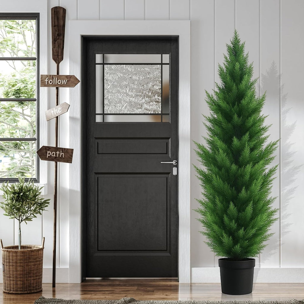 Artificial Topiary Cedar Trees 6FT Tall 2 Set, Outdoor Indoor Faux Pine Shrubs Plants, Realistic Fake Plants Arborvitae Tree Front Porch Decor, Artificial Cedar Tree for Home Front Door Offices