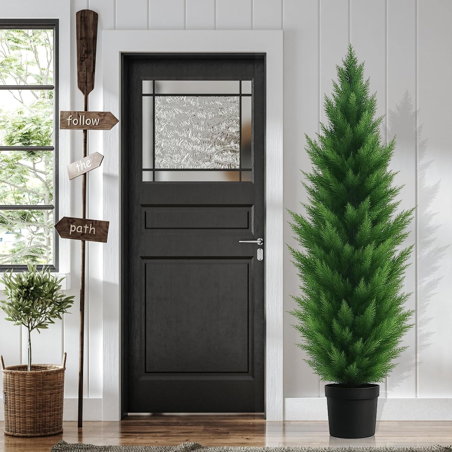 Artificial Topiary Cedar Trees 6FT Tall 2 Set, Outdoor Indoor Faux Pine Shrubs Plants, Realistic Fake Plants Arborvitae Tree Front Porch Decor, Artificial Cedar Tree for Home Front Door Offices