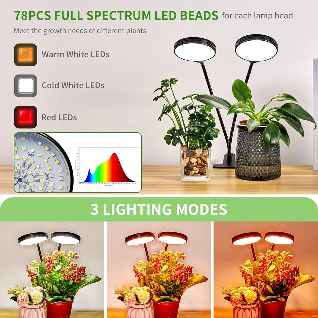 Clip on Grow Lights for Indoor Plants, Full Spectrum Plant Grow Lights, 2 Head Growing Lamp with Timer, 3 Dimmable Brightness Levels, Low Safe Voltage, Perfect for Small Plants