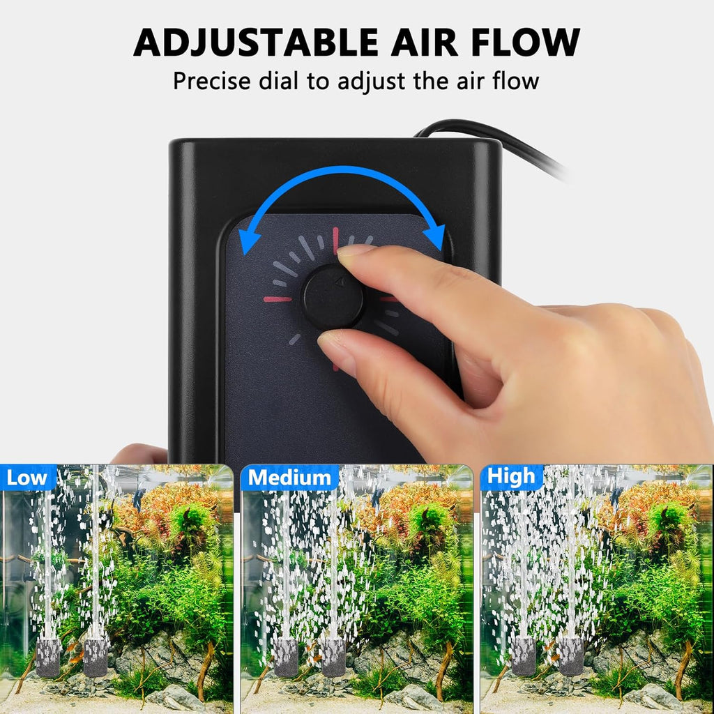Fishkeeper Aquarium Air Pump, Quiet Powerful Fish Tank Air Pump, 6W/10W Adjustable Oxygen Pump, Metal Dual Outlets Aerator with Air Stone Bubbler for Fish Tank up to 200 Gallon 10W