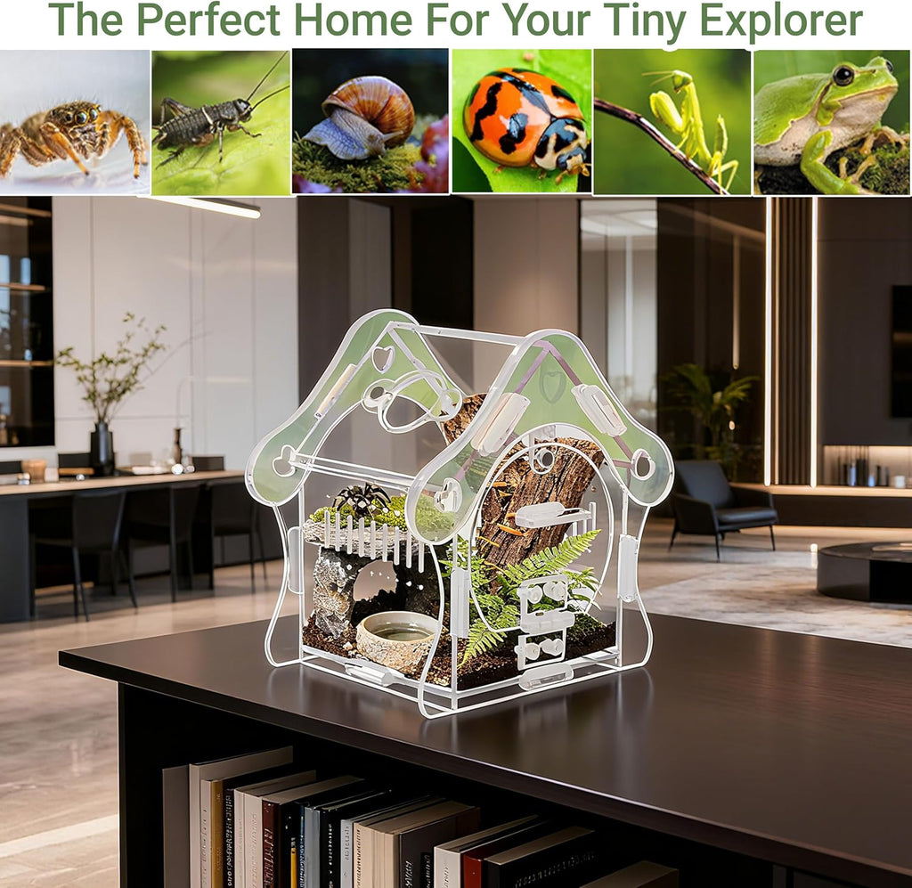 Jumping Spider Enclosure Kit, Acrylic Habitat with Magnetic Door, 3.5" L x 3.5" W x 4.9" H, for Jumping Spiders, Tarantulas, Mantis, Beetles