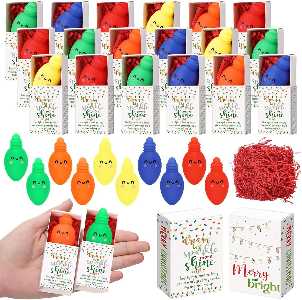 Wettarn 60 Sets Christmas Positive Gifts Light Bulb Stress Balls with Support Gift Boxes Bulk Merry Christmas Party Favors for Employee Coworker Friends Office Relief Toys Stocking Stuffers