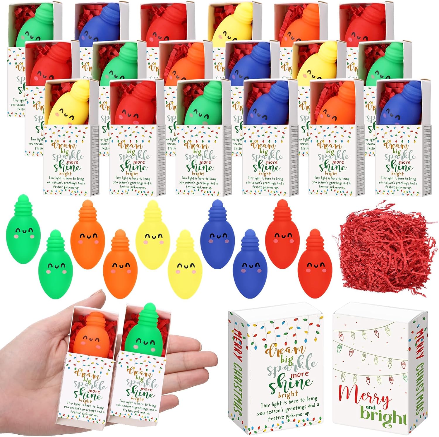 Wettarn 60 Sets Christmas Positive Gifts Light Bulb Stress Balls with Support Gift Boxes Bulk Merry Christmas Party Favors for Employee Coworker Friends Office Relief Toys Stocking Stuffers
