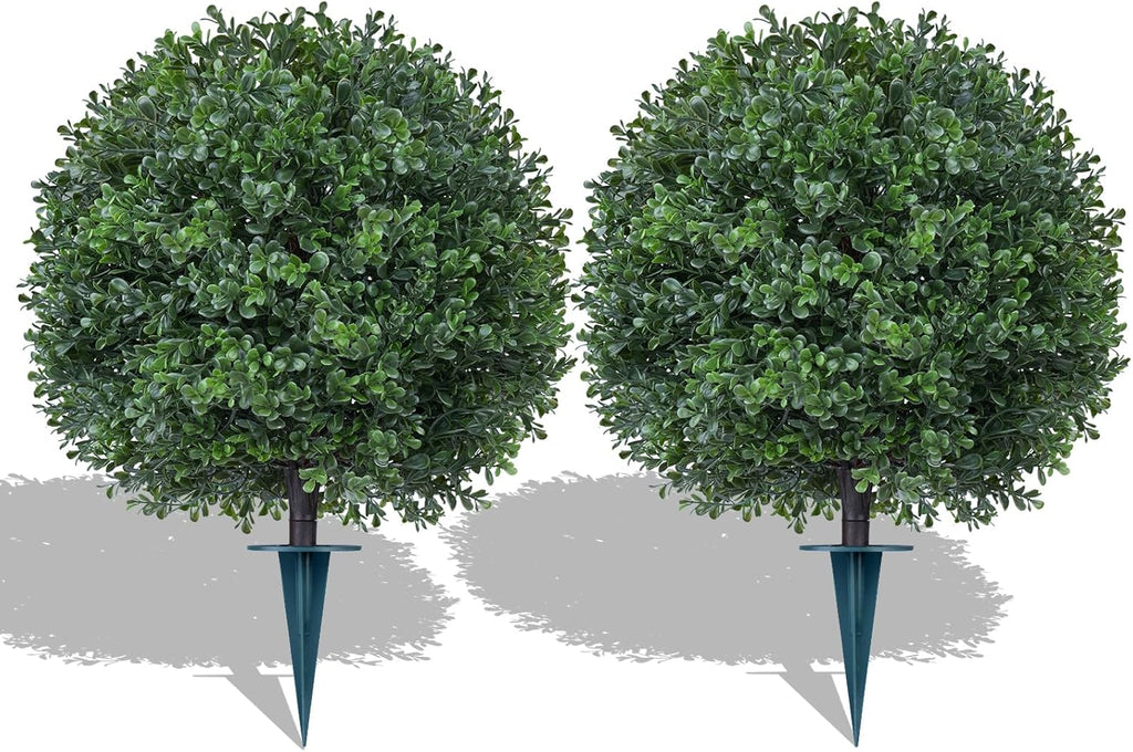Artificial 23" Boxwood Topiary Trees with Ground Spike,2 Pieces Fake Pine Shrubs Bushes, UV Resistant Faux Evergreen Cypress Tree Plants for Indoor Outdoor Planters Front Porch