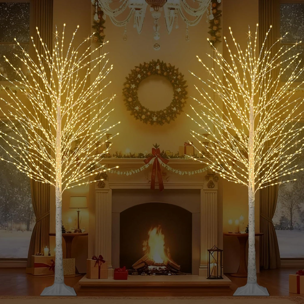 7FT Lighted Birch Tree with 1200 LED Warm White Lights, 8 Twinkle Modes, Timer, Dimmable Artificial Light Up Twig Christmas Tree for Indoor Outdoor Xmas Holiday Party Decor