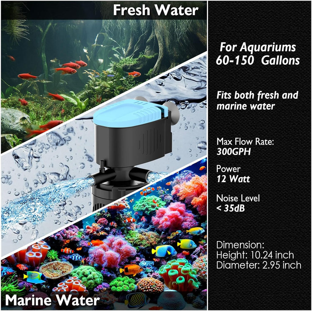 AquaMiracle Submersible Aquarium Filter 3-Stage in-Tank Filter with Dual Water Outlet & Aeration, Water Flow Adjustable 300GPH Internal Fish Tank Filter for 60-150 Gallon Aquariums