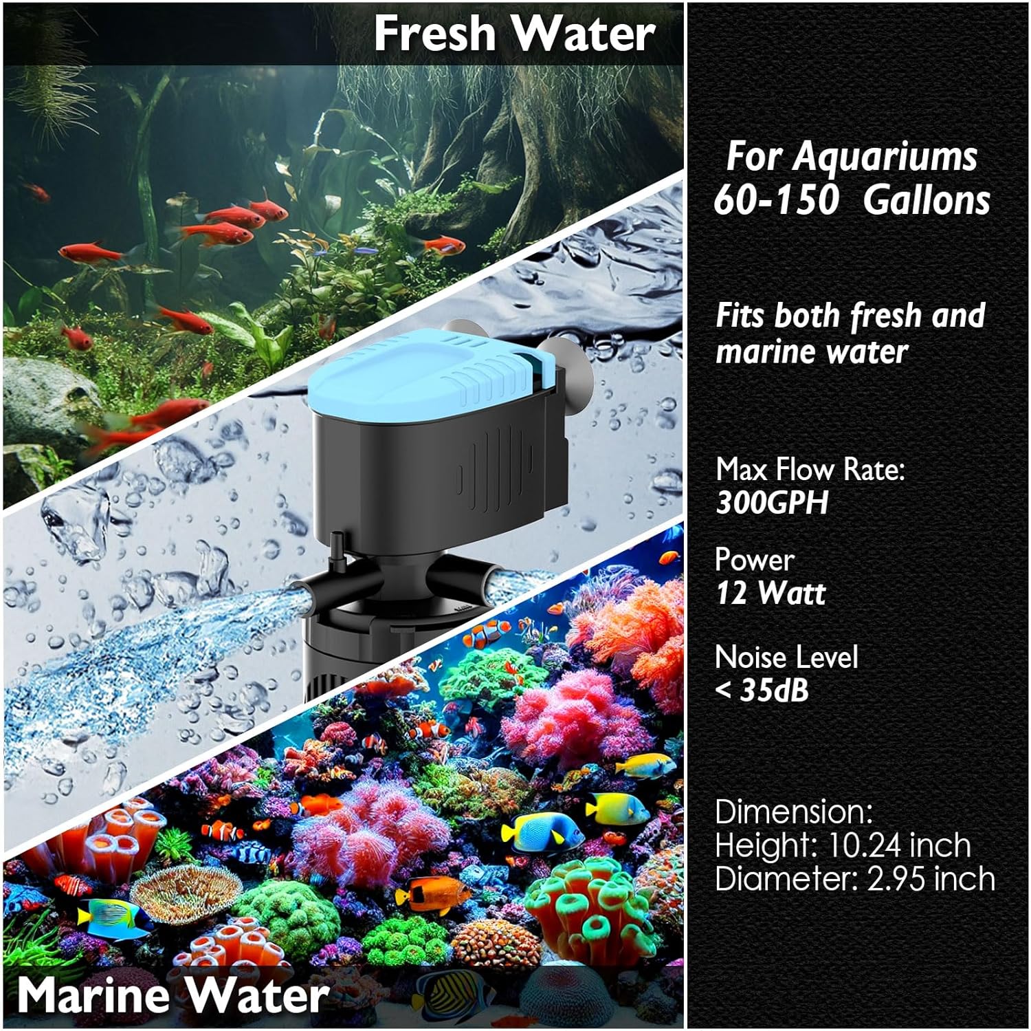 AquaMiracle Submersible Aquarium Filter 3-Stage in-Tank Filter with Dual Water Outlet & Aeration, Water Flow Adjustable 300GPH Internal Fish Tank Filter for 60-150 Gallon Aquariums