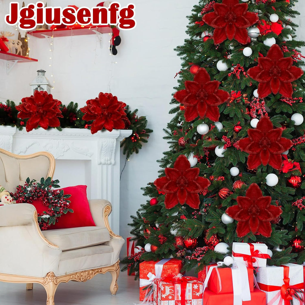 8 Pcs Large Christmas Flower Magnolia Flowers Christmas Tree Decoration Artificial Poinsettia Stems Velvet Xmas Ornaments for Xmas Tree Table Decor(Burgundy,12 Inch)