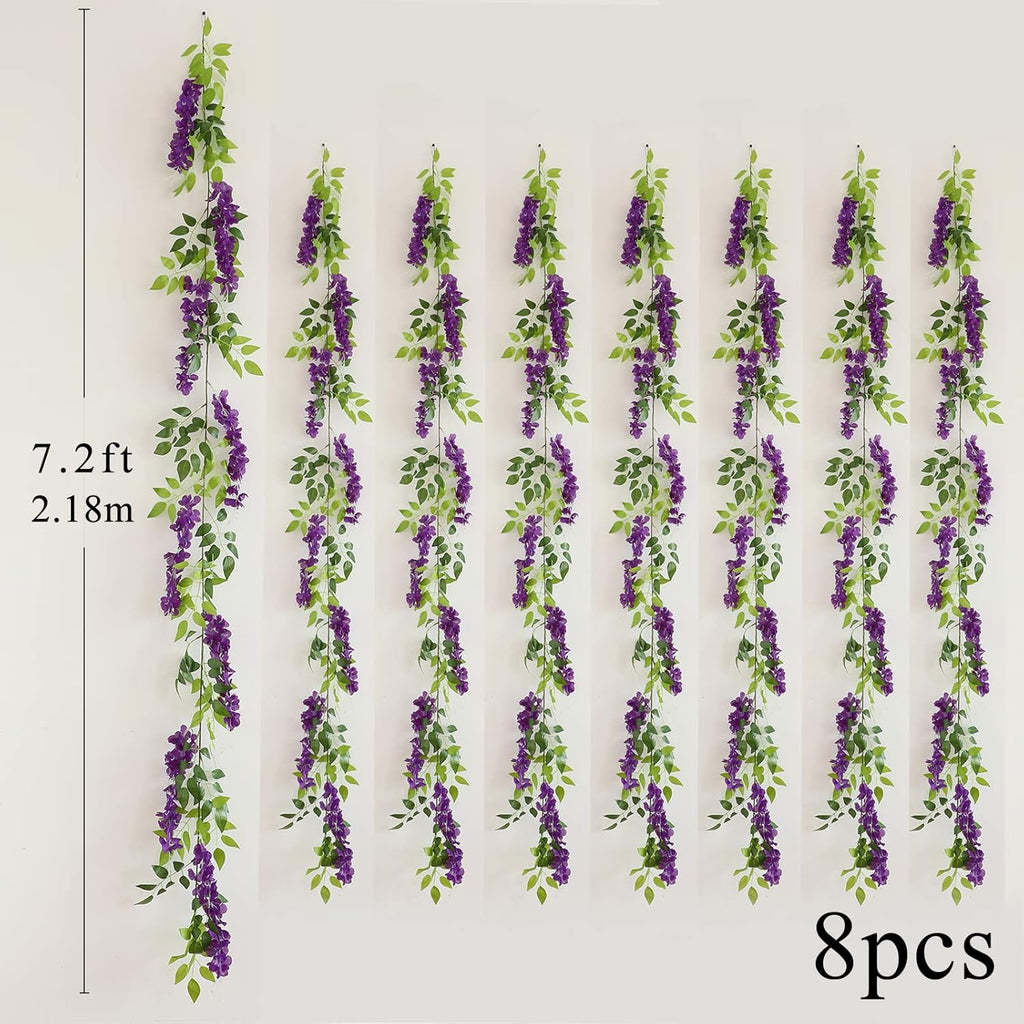 Wisteria Artificial Flowers Garland, 8Pcs 7.2Ft/Piece Silk Fake Wisteria Vine Kit, Hanging Flower for House Outdoor Garden Ceremony Outside Wedding Arch Floral Decor (8, Purple)