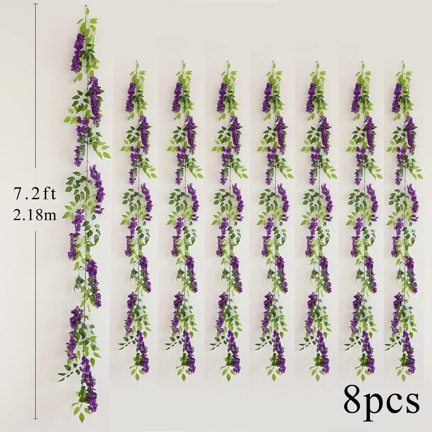 Wisteria Artificial Flowers Garland, 8Pcs 7.2Ft/Piece Silk Fake Wisteria Vine Kit, Hanging Flower for House Outdoor Garden Ceremony Outside Wedding Arch Floral Decor (8, Purple)
