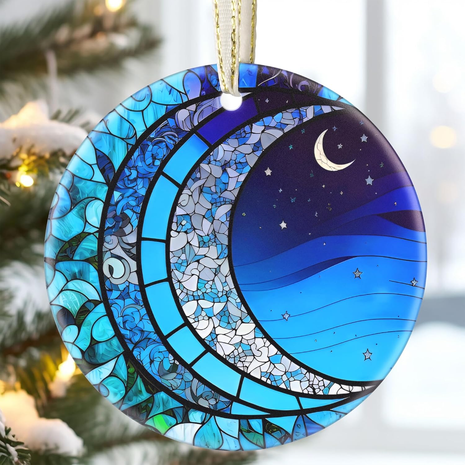 3.5 Inch Ceramic Christmas Tree Ornament, Blue Moonlight Christmas Ornaments, Heirloom Keepsake, Gift Exchange, Gift Idea, Bauble Present