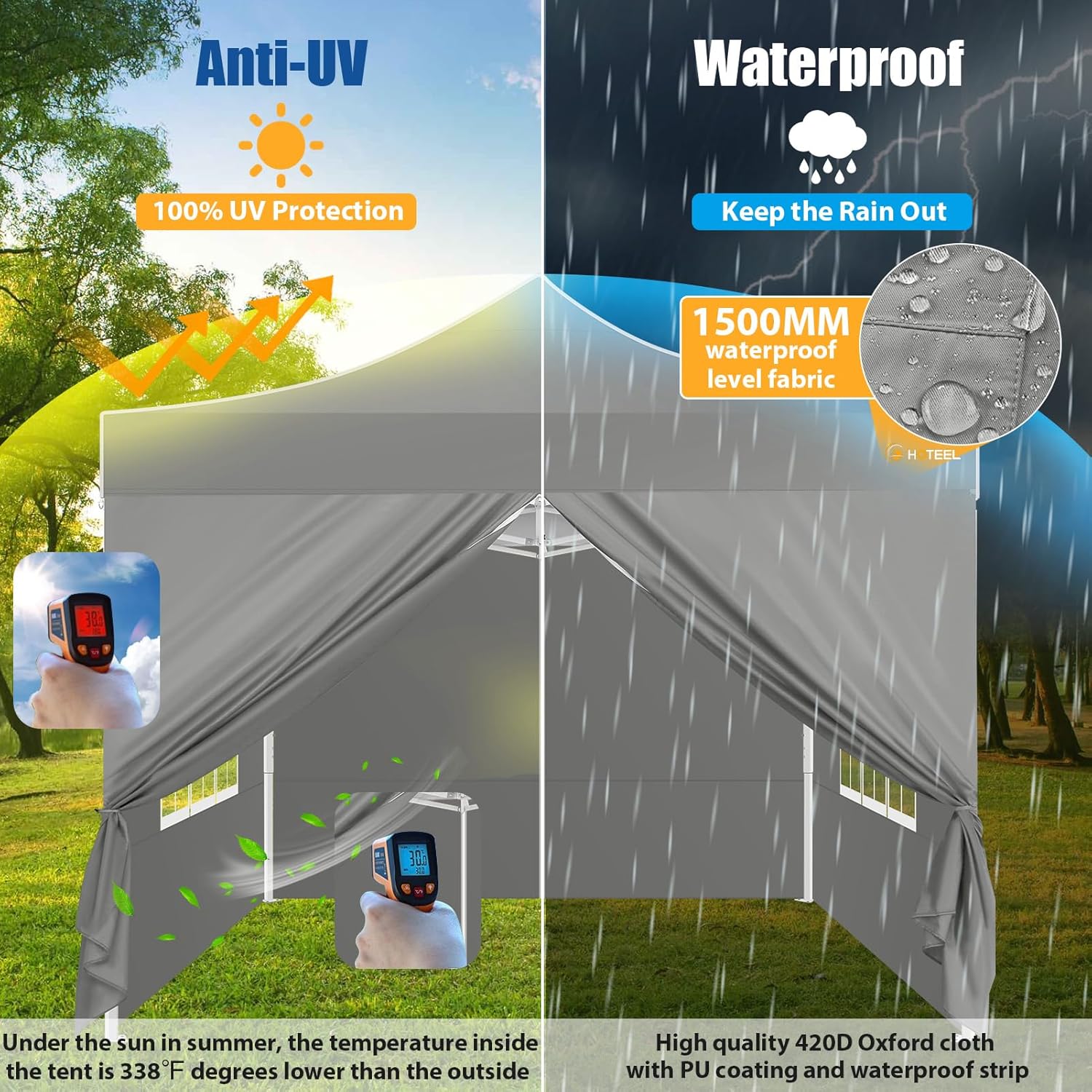 HOTEEL 10x10 Pop up Canopy Tent for Parties, Heavy Duty Easy Setup Tent with 4 Sidewalls, Outdoor Commercial Instant Gazebo for Wedding Event, with Portable Bag, Grey(Hexagonal Frame)