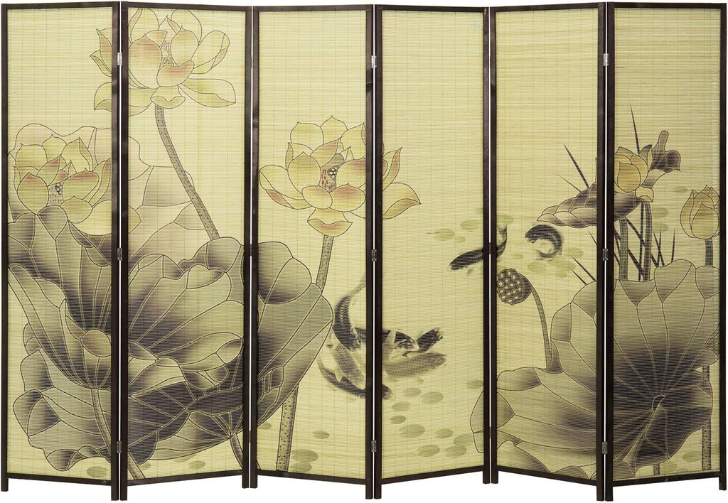 MyGift Decorative 6-Panel Folding Room Divider Bamboo Screen with Chinese Calligraphy Design, 6FT Freestanding Room Partitioner with Dark Brown Wood Frame 114.25''W x 70.75''H