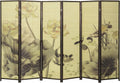 MyGift Decorative 6-Panel Folding Room Divider Bamboo Screen with Chinese Calligraphy Design, 6FT Freestanding Room Partitioner with Dark Brown Wood Frame 114.25''W x 70.75''H