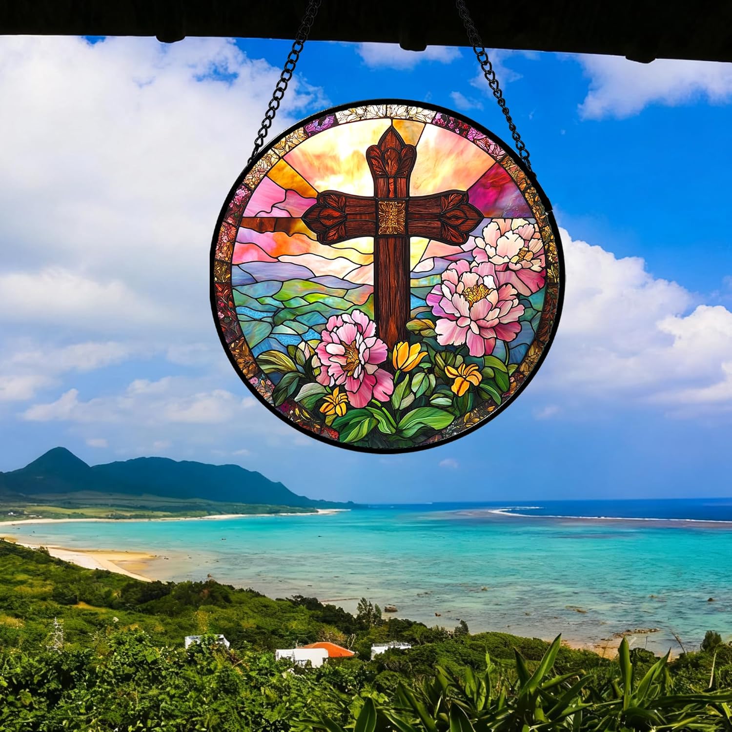 Christian Gifts for Women - Cross Stained Glass Window Hanging Jesus Easter Pink Flower Peony Sun Catcher Garden Religion Decor Mother's Day Catholic Gift for Men Grandma Mom Her Nana 9.8"