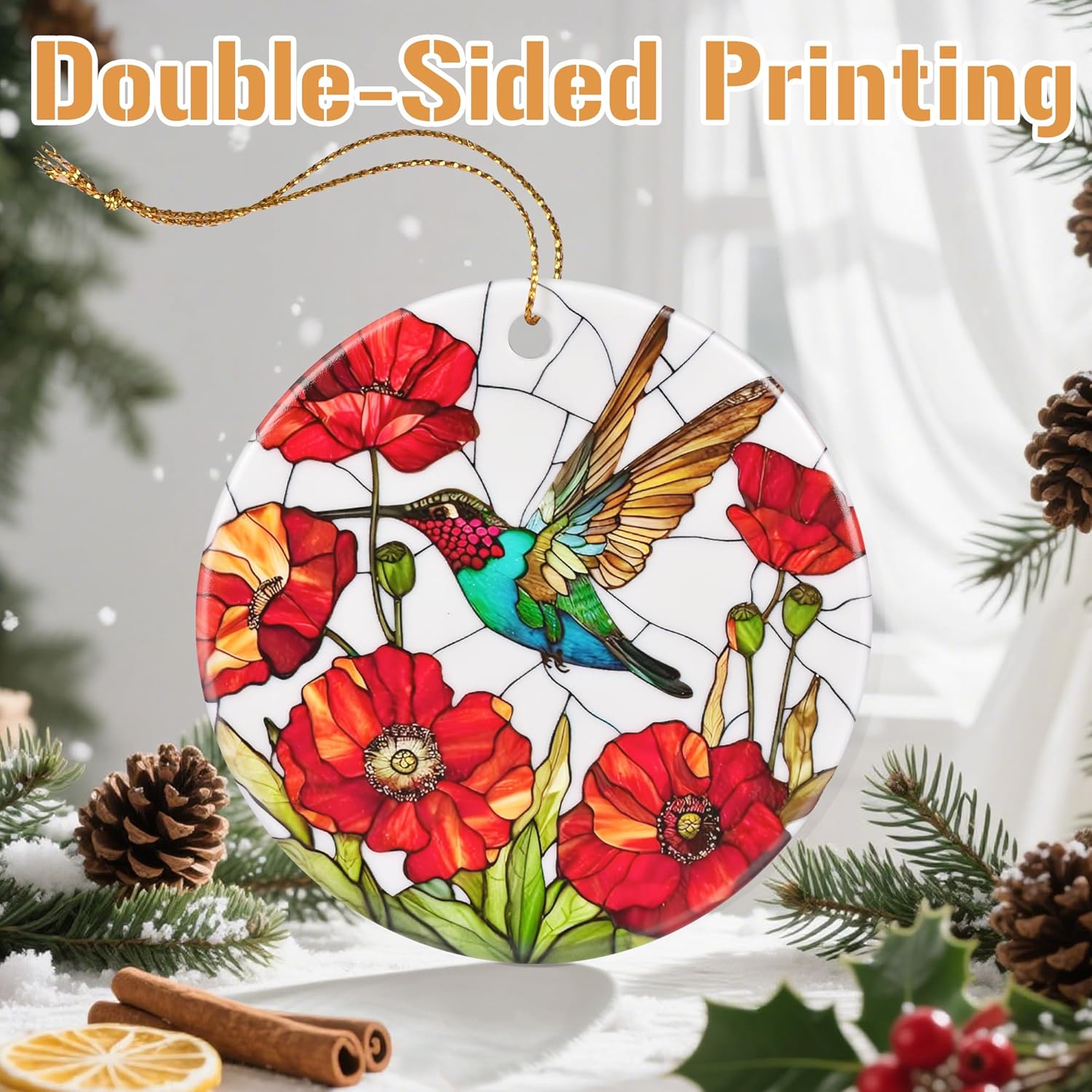 Ceramic-Style Christmas Tree Decorations, Christmas Ornaments, Double-Sided Printed Ornament Keepsakes, Holiday Decor. Xmas Gifts, Gifts for Hummingbird Lovers - Hummingbird-Themed