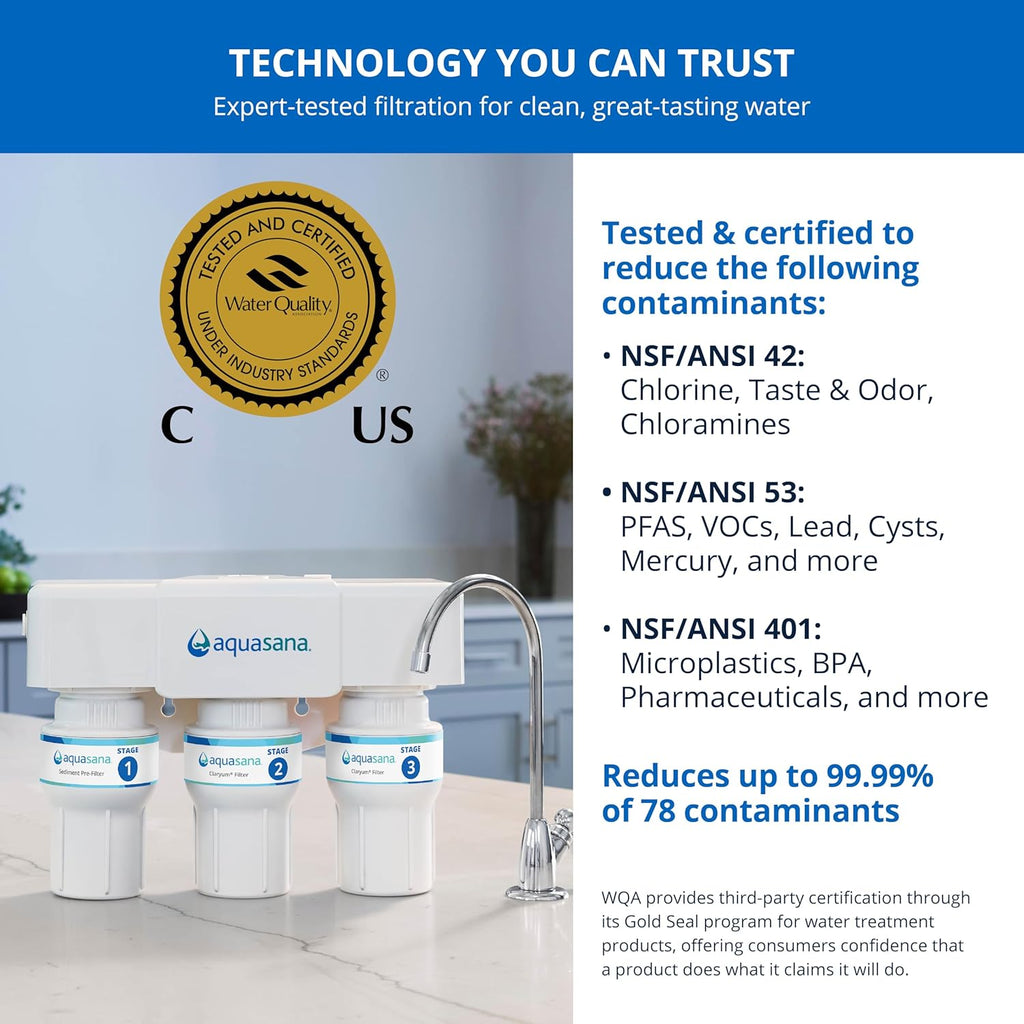 Aquasana Under Sink Water Filter | 3-Stage Claryum Filtration | Reduces up to 99.99% of PFAS, Lead & Chlorine | Under Counter Drinking Water Filter | Includes Oil-Rubbed Bronze Faucet | AQ-6300-ORB