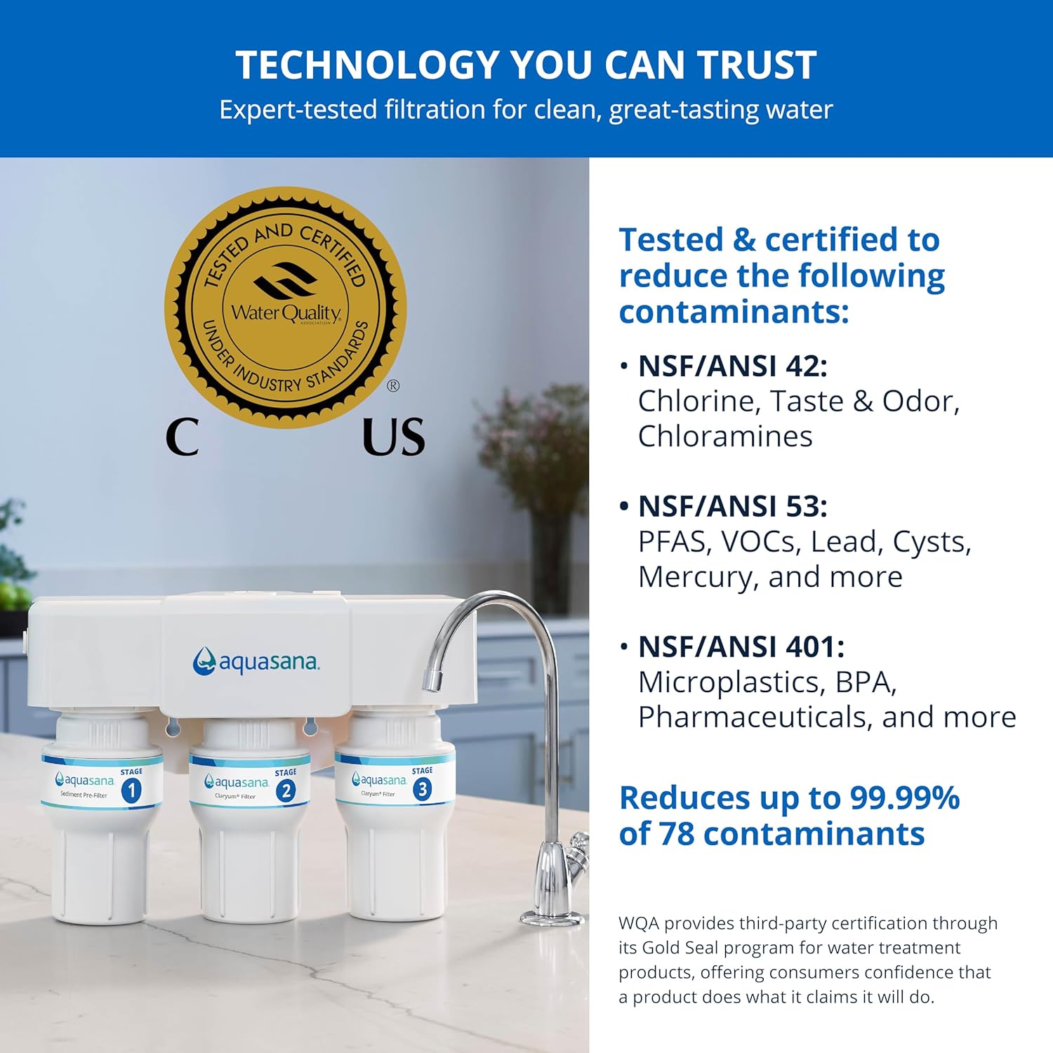 Aquasana Under Sink Water Filter | 3-Stage Claryum Filtration | Reduces up to 99.99% of PFAS, Lead & Chlorine | Under Counter Drinking Water Filter | Includes Oil-Rubbed Bronze Faucet | AQ-6300-ORB