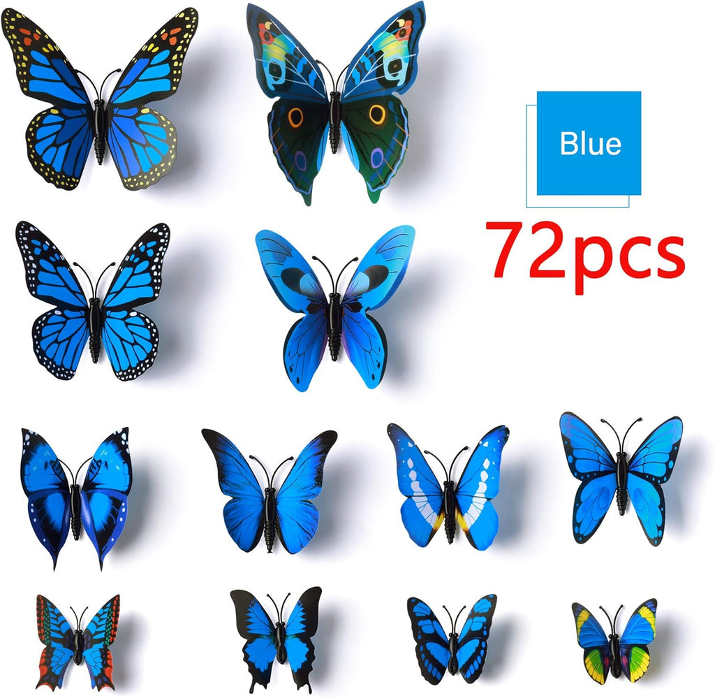 LiveGallery 72 PCS Removable 3D DIY Beautiful Butterfly Wall Decals Blue Butterflies Art Decor Wall Stickers Murals for Kids Baby Boy Girls Bedroom Classroom Offices