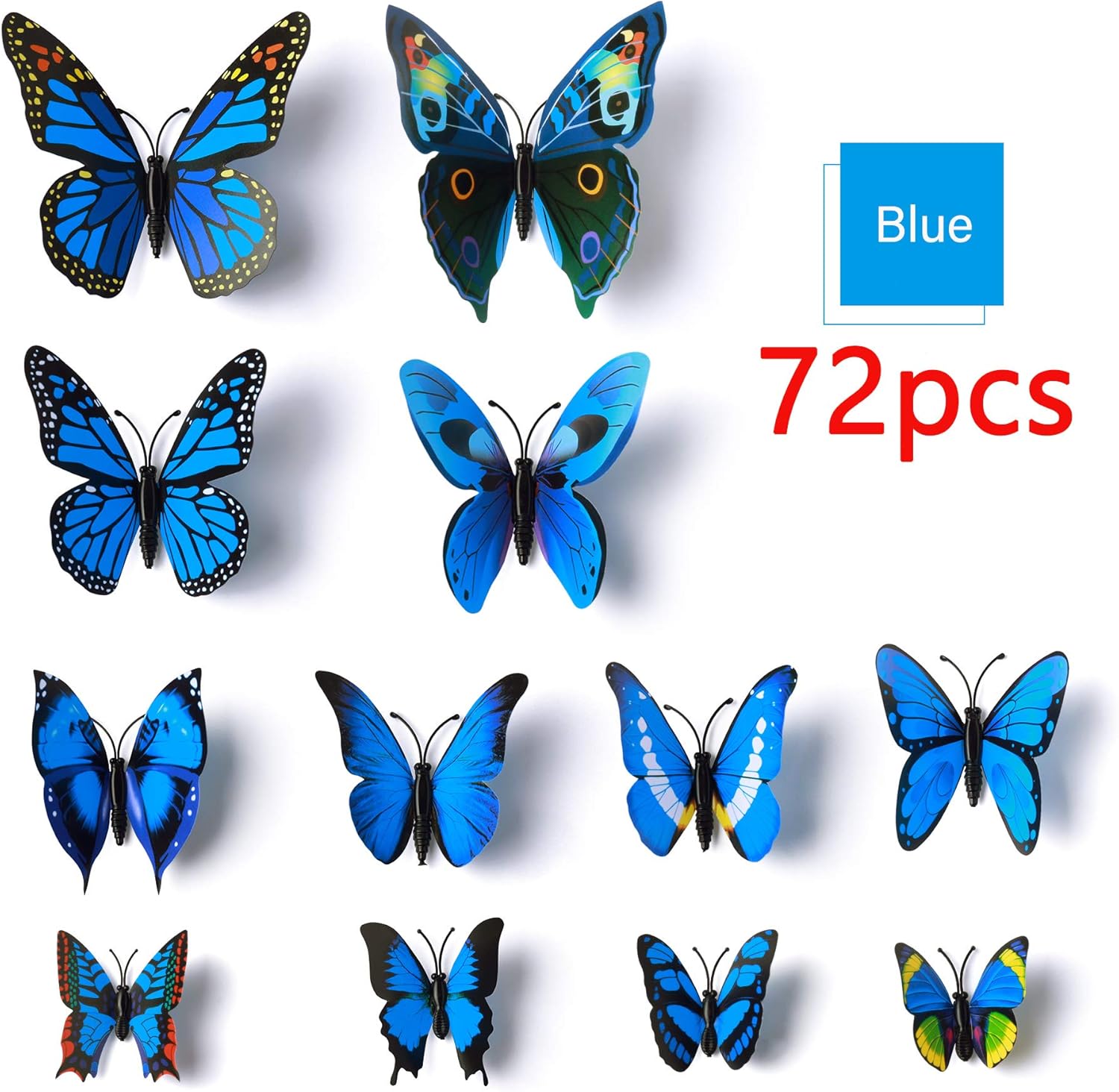 LiveGallery 72 PCS Removable 3D DIY Beautiful Butterfly Wall Decals Blue Butterflies Art Decor Wall Stickers Murals for Kids Baby Boy Girls Bedroom Classroom Offices