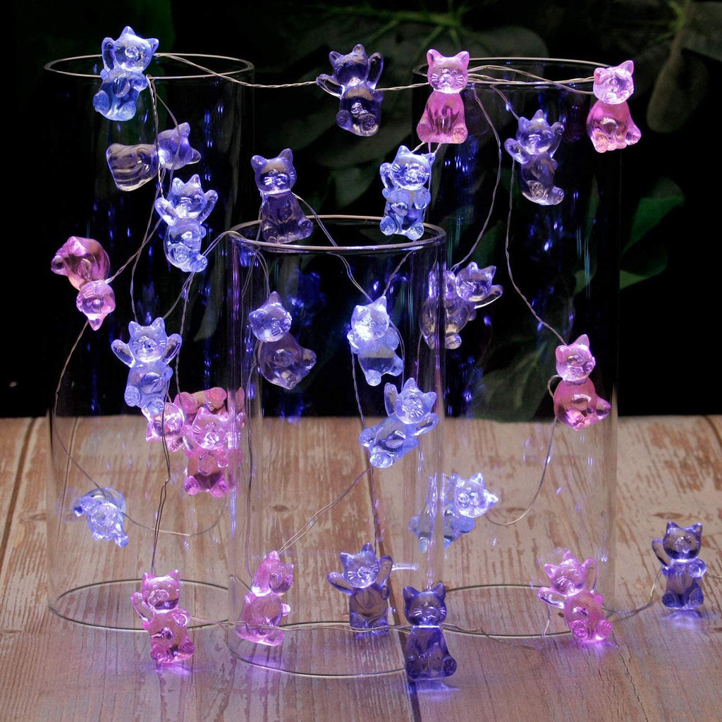 10FT 30LEDs Cat String Lights - Pink Blue Gray Cat Decor - Lovely 3D Cute Cat Design - Battery & USB Powered - Remote Control - Perfect for Pet Lovers Birthday Gift - Ideal Fairy Lights for Indoor