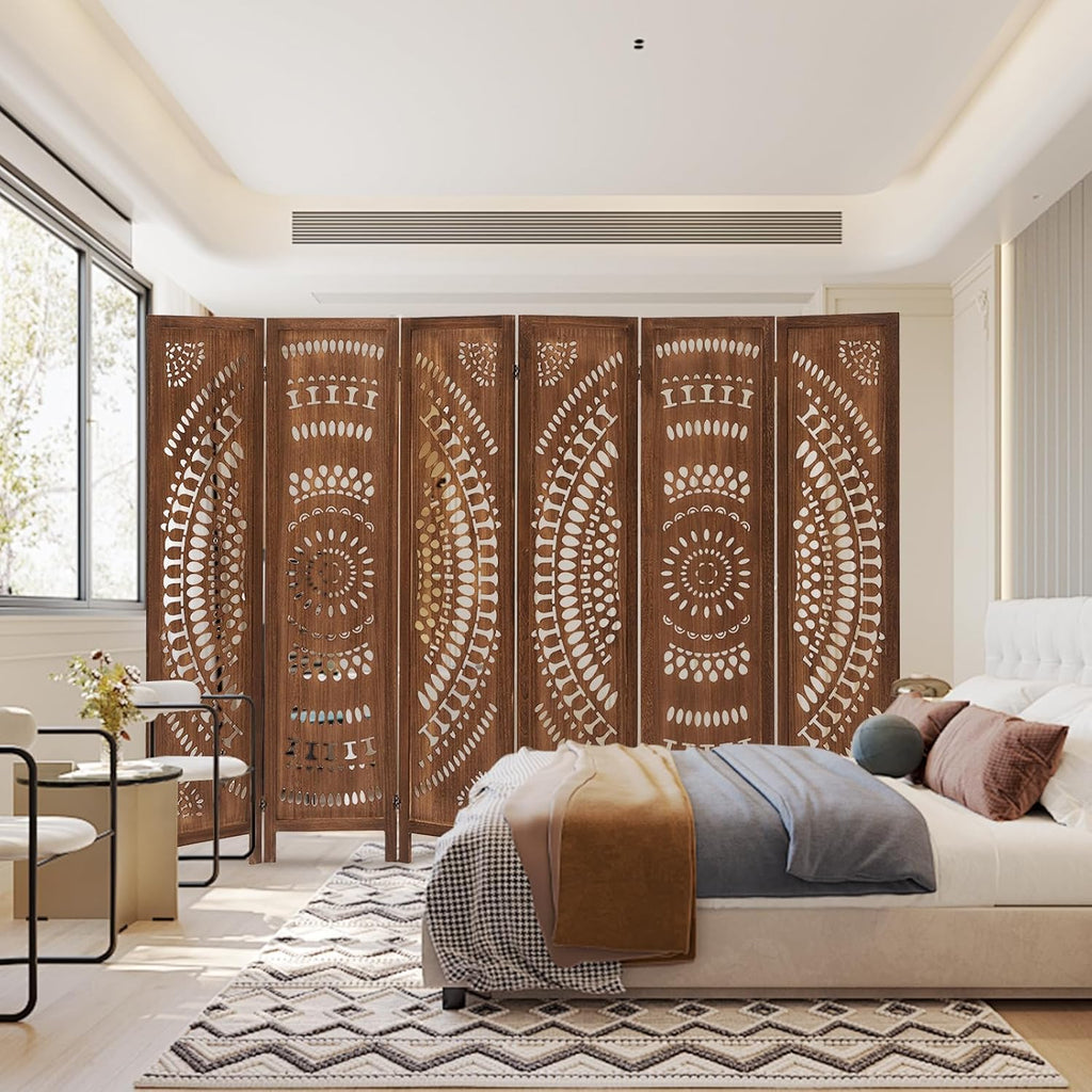 Boho 6 Panel Room Divider, Room Dividers and Folding Privacy Screens, Modern Room Partition, 67" Room Divider Wall, Privacy Dividers for Rooms, Bedroom, Office, Dark Brown