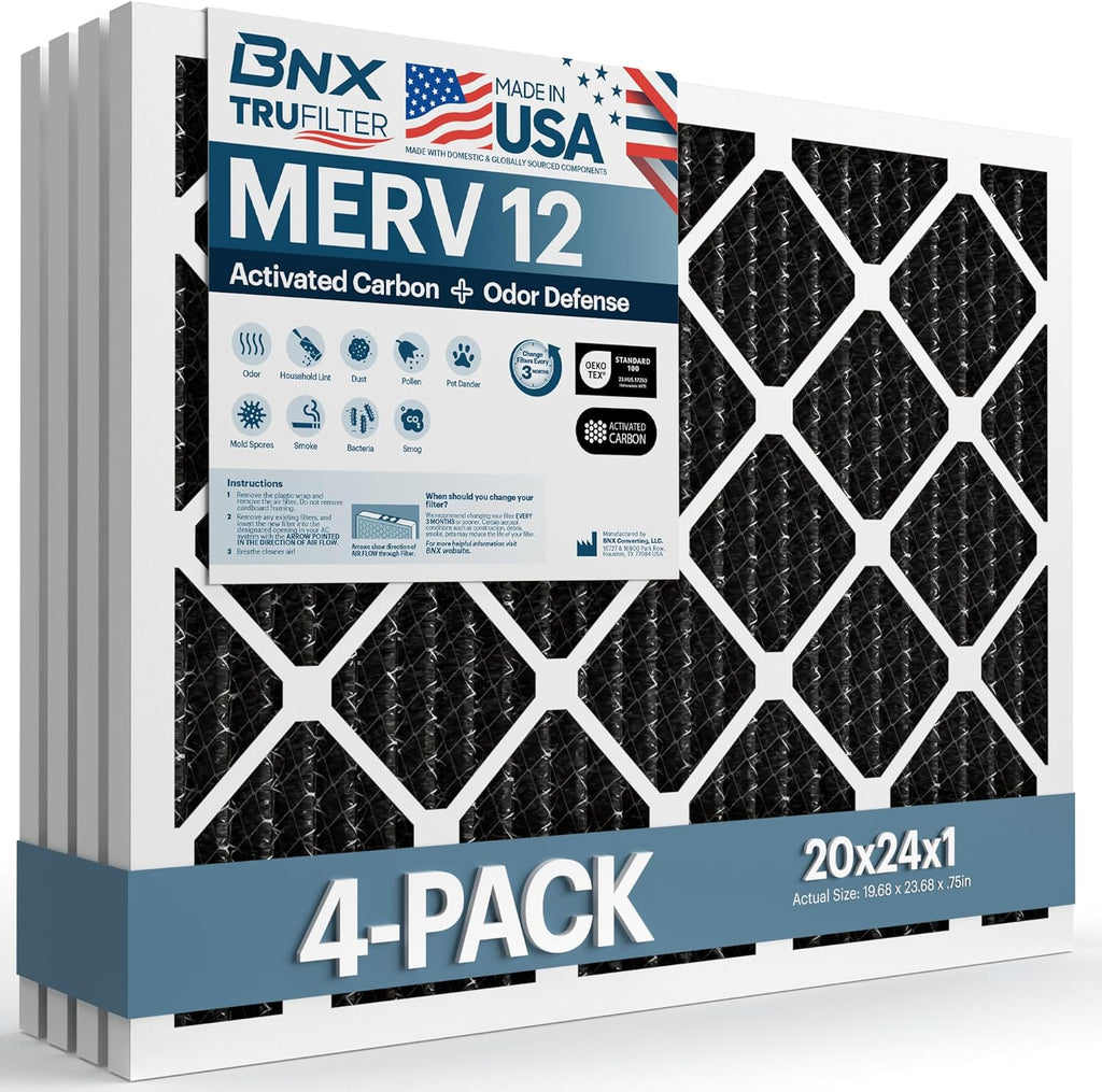 BNX TruFilter 20x24x1 MERV 12 Odor Defense (4-Pack) AC Furnace Air Filter with Activated Carbon - MADE IN USA - Pleated Air Conditioner HVAC AC Furnace Filters - Removes Odor, Mold, Bacteria, Smoke