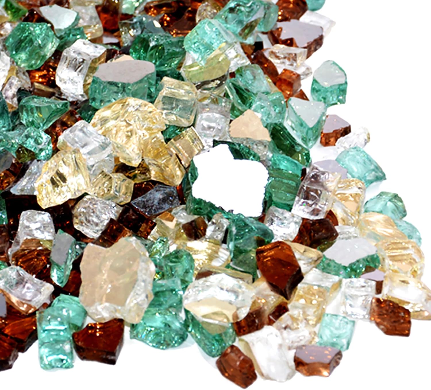 Skyflame 10-Pound Blended Fire Glass for Decorating Fire Pit Fireplace Landscaping - 1/2 Inch Reflective Tempered Fireglass Gold, Light Green, Copper