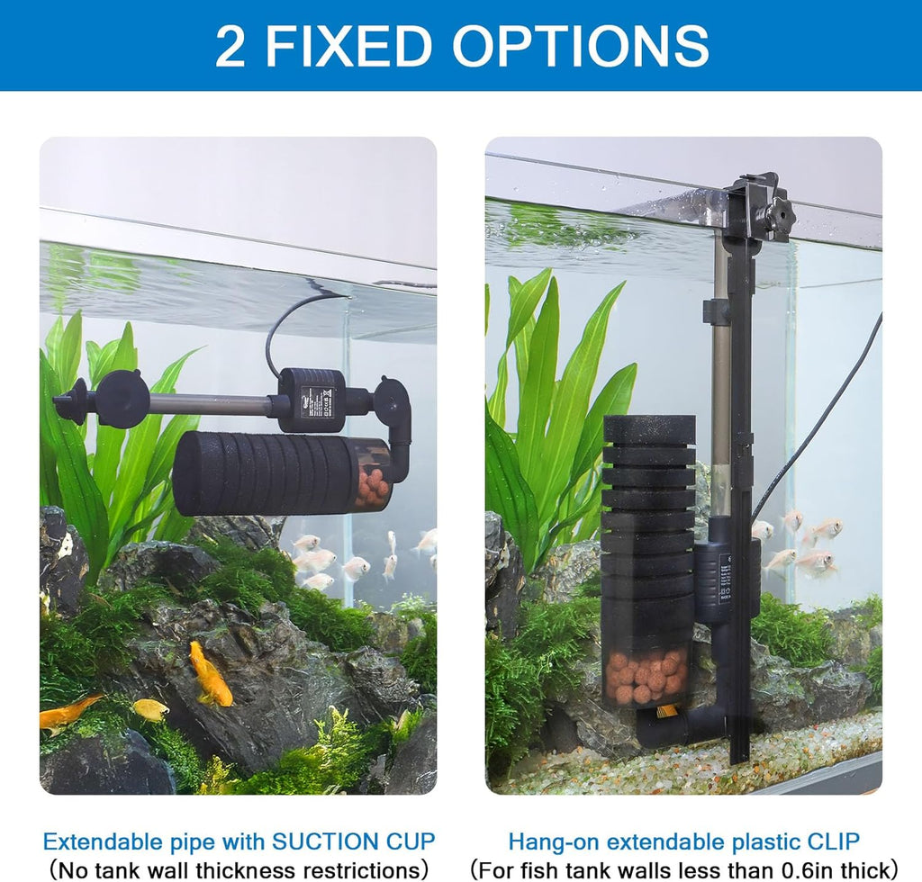 hygger USB Single Sponge Filter, Small Aquarium Filter with Adjustable Hanging Clip and Suction Cup, Duckbill Outlet, Rain Pipe Outlet, Extra Spare Sponge